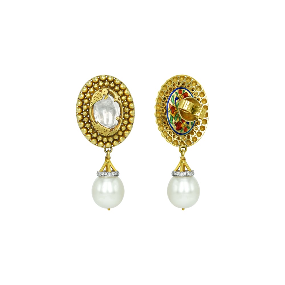 Polki Earrings with Gold Beads and Pearl Drops